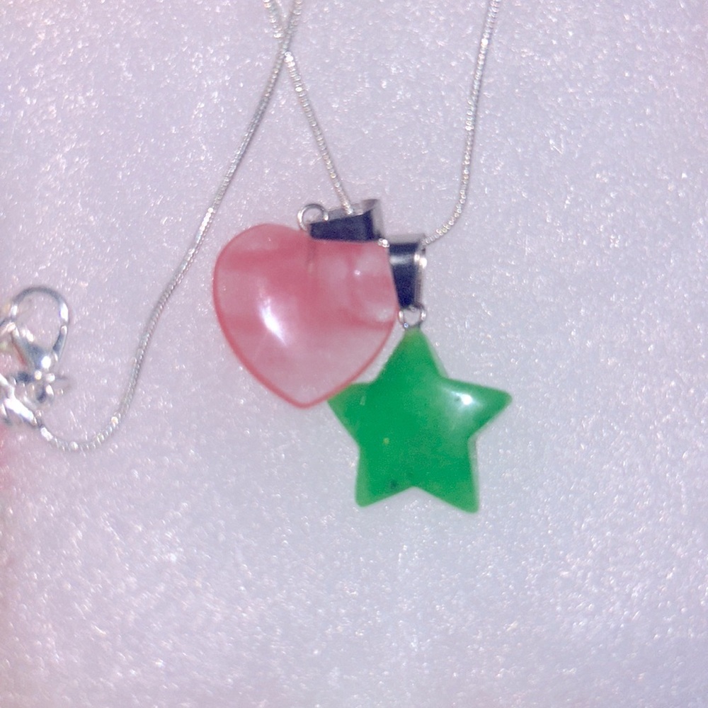 Bobo hippie Jade Star & Cherry Quartz Crystal heart Sterling Silver 16" Neckla…